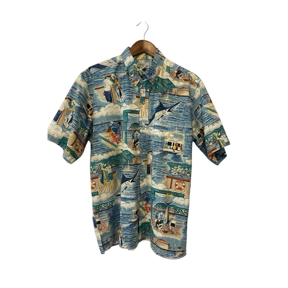 Reyn Spooner Men's Button down Shirt Size L Hawaiian Beach Vacation Fishing Boat